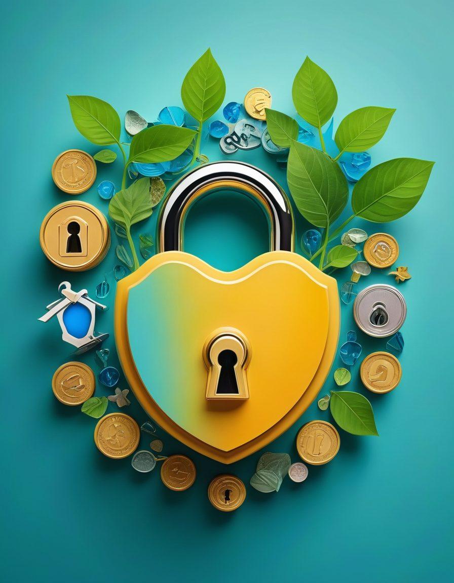 A visually striking collage featuring a secure lock symbolizing financial security, surrounded by icons of various insurance solutions like health, auto, and home. Incorporate elements of personal finance such as stacks of coins, a budget planner, and a growing plant representing financial growth. The background is a soothing gradient from blue to green, symbolizing trust and prosperity. Vibrant colors. 3D elements.