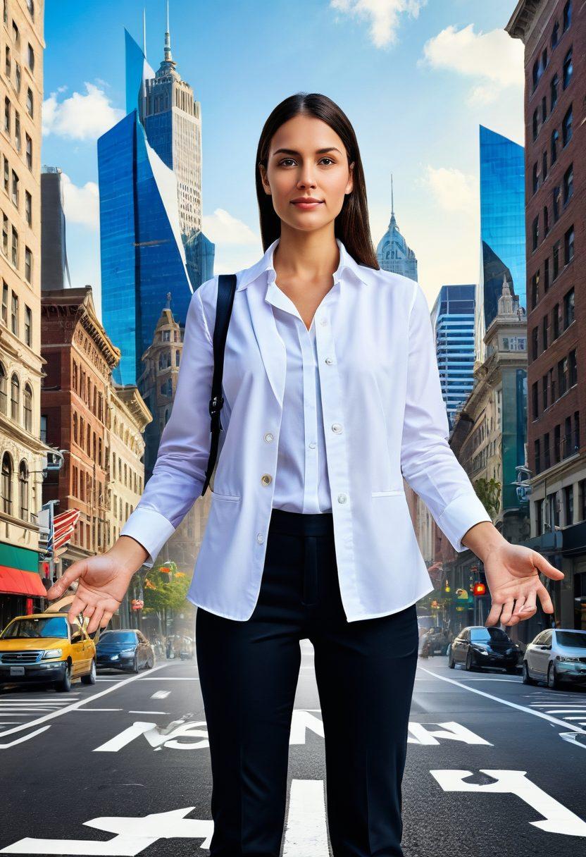 A confident individual standing at a crossroads, holding a compass and a map, symbolizing financial planning and insurance guidance. Surrounding them are icons of savings, investments, and insurance policies floating in the air, blended with vibrant cityscape elements in the background. The light should represent enlightenment and clarity. super-realistic. vibrant colors. white background.
