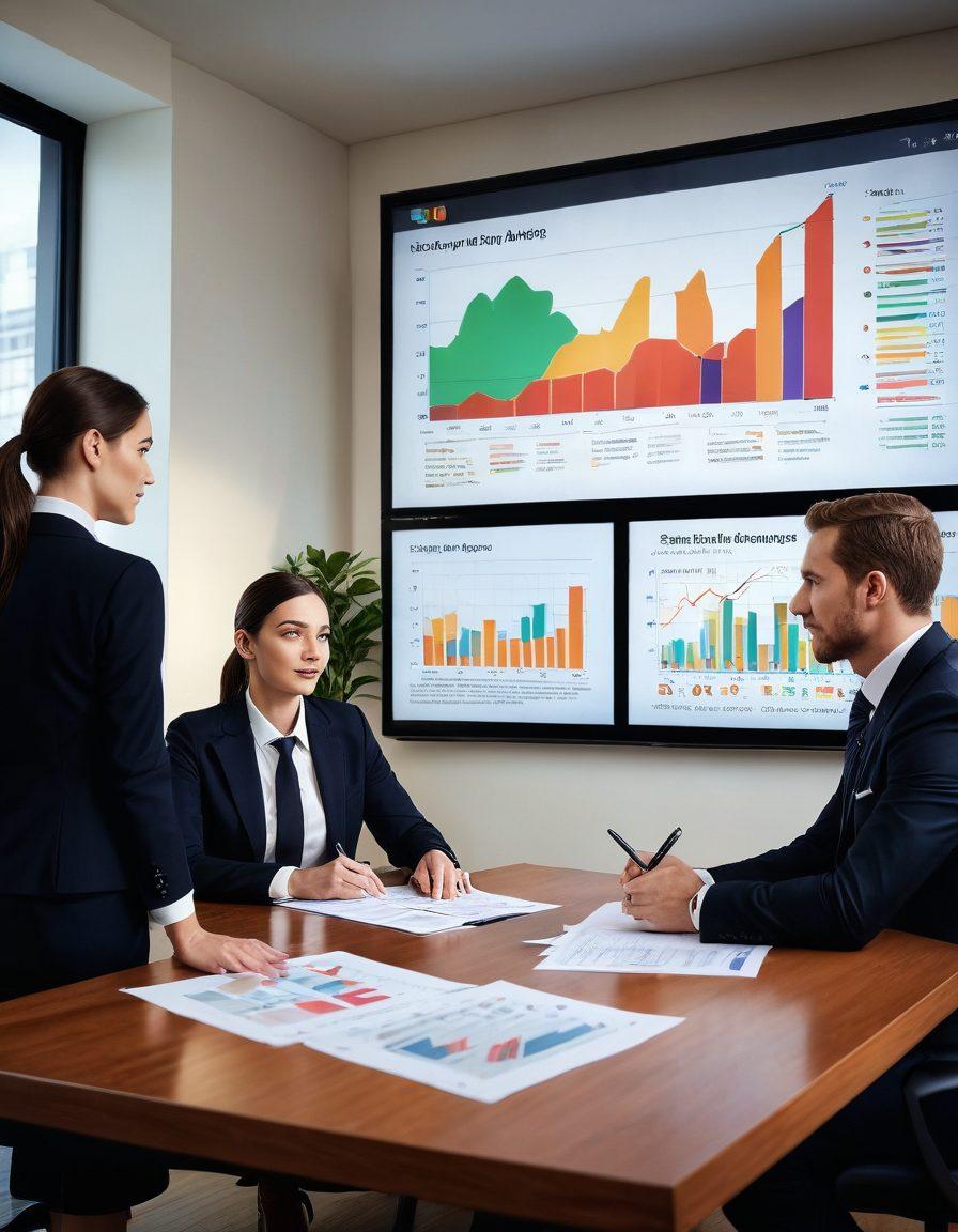 A sophisticated modern office with a financial advisor discussing wealth management strategies with a diverse couple. In the background, a large screen displays graphs and charts symbolizing financial growth, while elegant insurance policy documents are subtly placed on the table. The atmosphere conveys trust and security, with warm lighting and stylish decor. super-realistic. vibrant colors. sleek design.